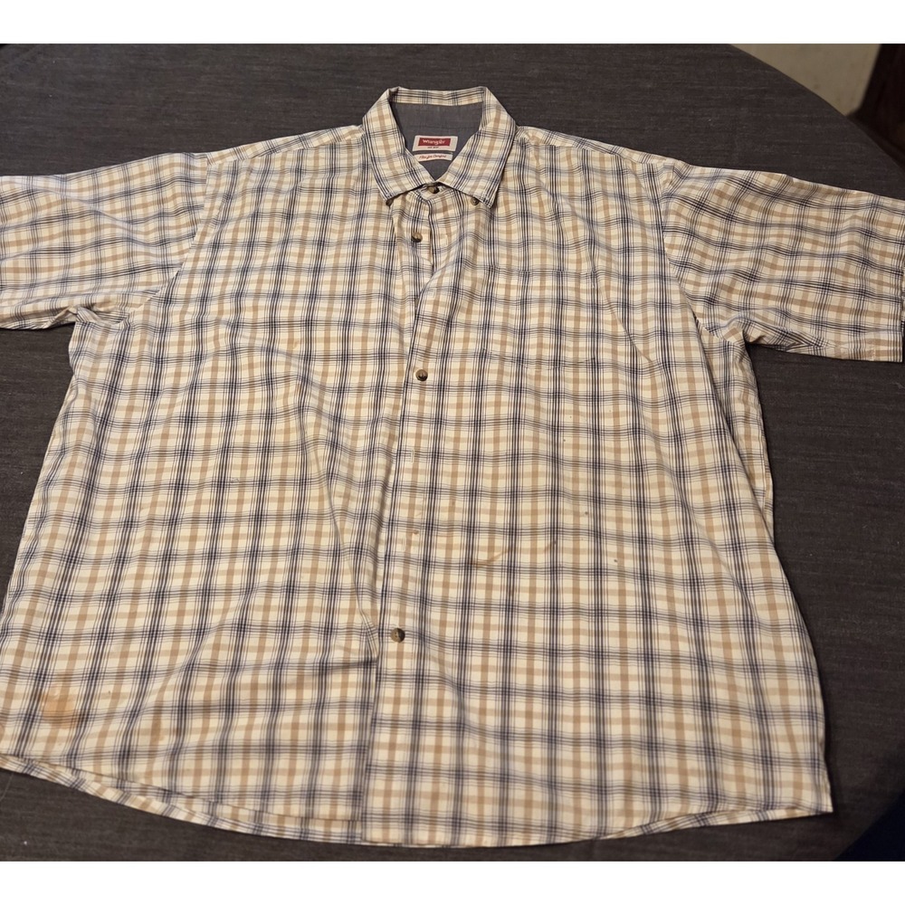 Wrangler Short Sleeve Shirt Mens XL Tan Plaid Fair‎